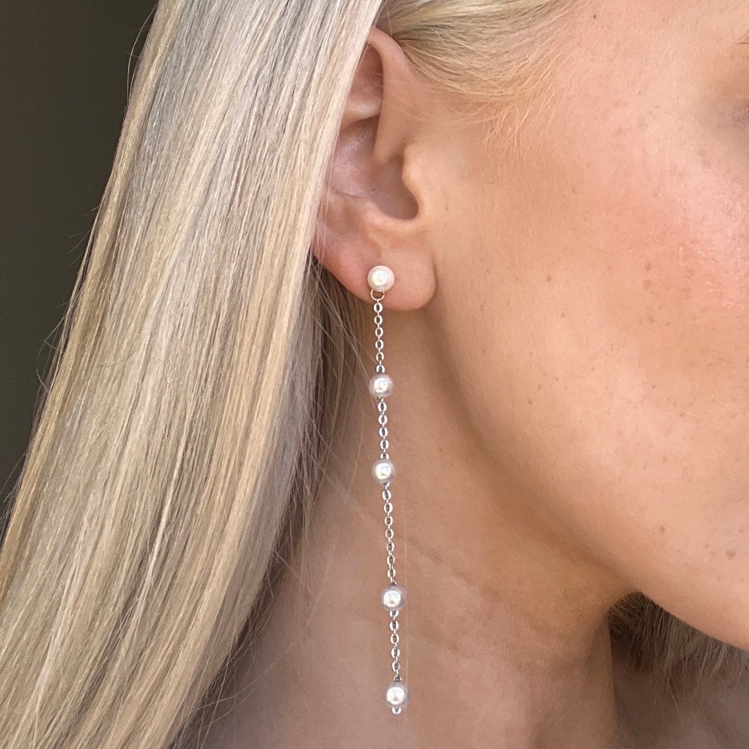 Hypoallergenic Titanium Pearl Drop Chain Wedding Earrings
