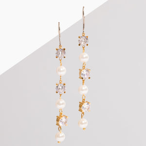 hypoallergenic pearl and crystal bridal statement drop chain earrings ||TLSPrriG