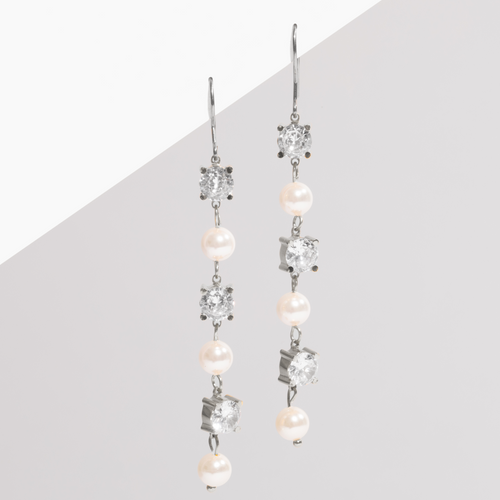 silver crystal and pearl drop chain statement earrings for brides and bridal parties made with pure medical grade titanium ||TLSPrriS