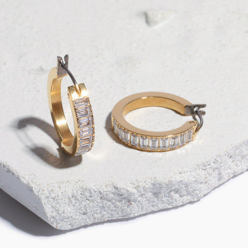 gold baguette hoops made with pure titanium ||TLECrySG