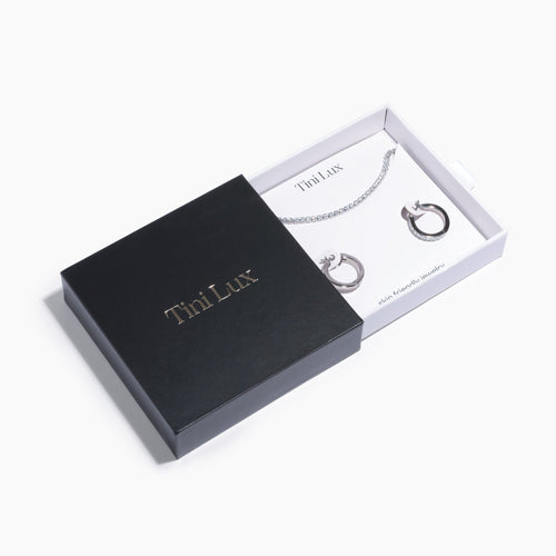 hypoallergenic holiday jewelry set with titanium baguette hoops and silver tennis bracelet ||all