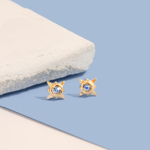 gold hypoallergenic stud earrings with blue gemstone, something blue hypoallergenic jewelry for bride to wear