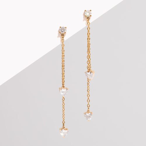 gold hypoallergenic double drop chain bridal statement earrings with three crystal heart shaped gemstones ||TLSVickG