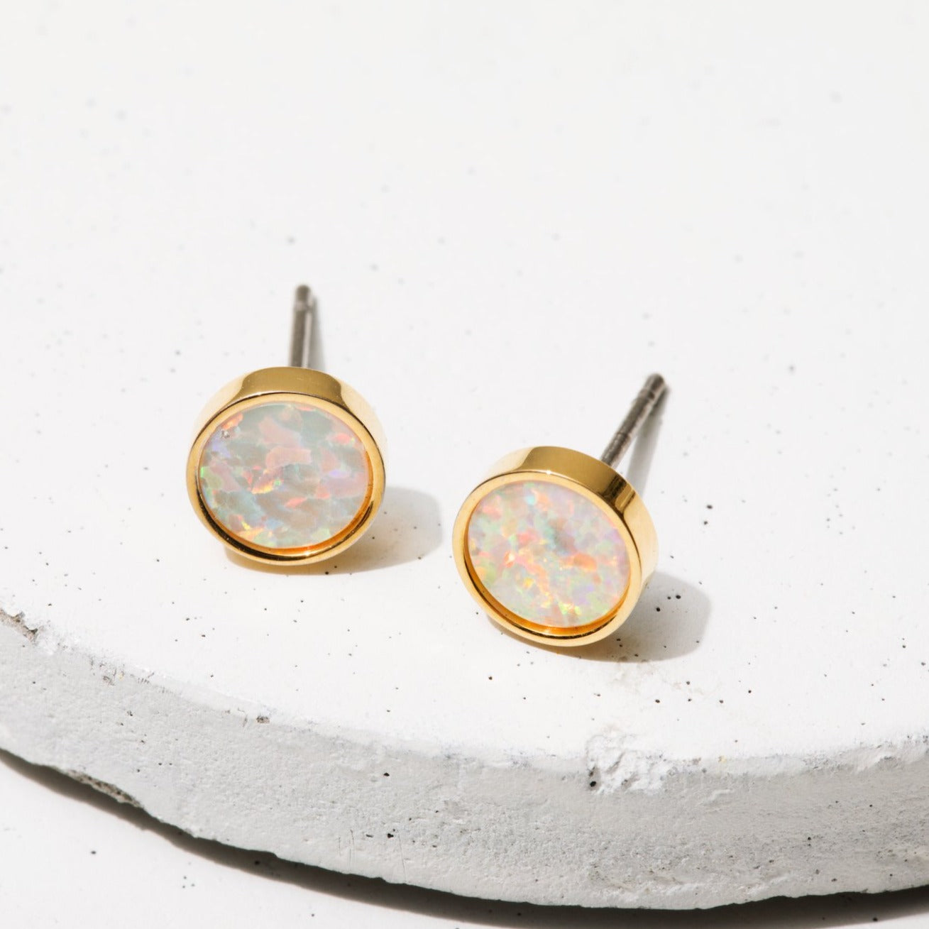 Gold circle stud earrings with White Opal , Gold store and White Opal studs , White Opal post earrings